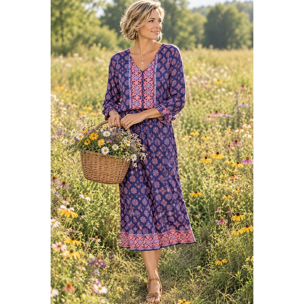 Coldwater Creek Dress Women XL Blue Boho Peasant Midi 3/4 Slv Hippie Cottagecore